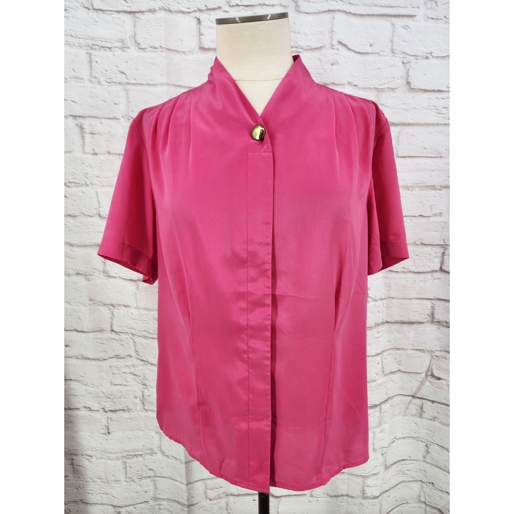 Vintage Sasson Pink Top 80s Retro Glam Office Satin Layering Colorful Size 12 M